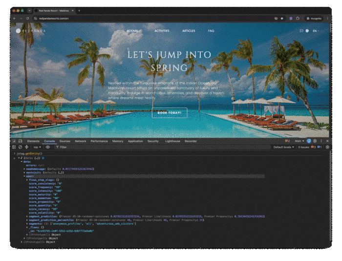 Chrome DevTools Console on redpandaresorts.com showing jstag.getEntity() returning a real live profile: behavioral scores (consistency, frequency, intensity, momentum, propensity, quantity, recency, volatility), segment_prediction values, segment_prediction_percentile, and segments membership (anonymous_profiles, all, adventurous_web_visitors) — proving the tag is installed, loadEntity is working, and profile enrichment is live.