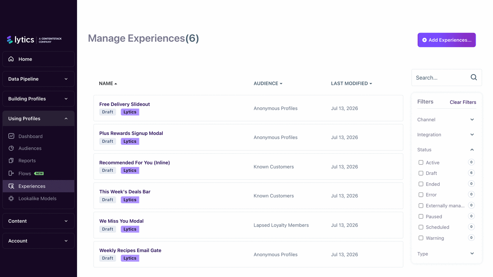 Experiences list view with status filters and summary actions.