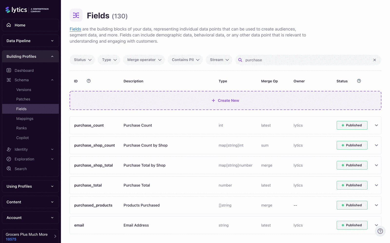 Schema audit charts and field usage table.
