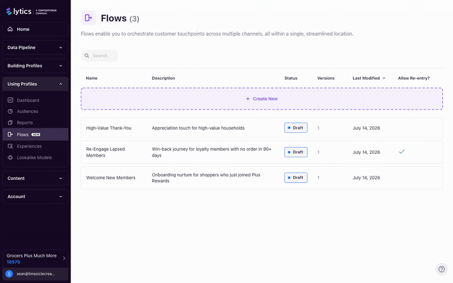 Common flow blueprints: welcome, re-engagement, and qualification flows built step-by-step in the builder.