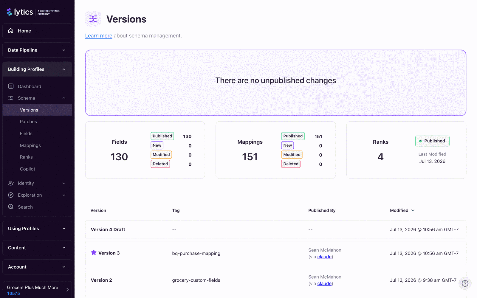 Schema Manager showing the Versions, Fields, Mappings, and Ranks navigation tabs with an active draft version visible.