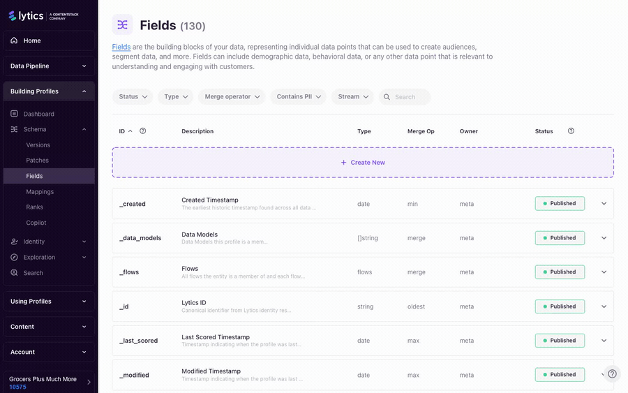 Walk through creating a field and mapping: navigate to Schema > Fields, create a new field with data type and merge operator, then navigate to Schema > Mappings, create a mapping with an expression and condition, publish the schema version, and check the Schema Audit for field health.