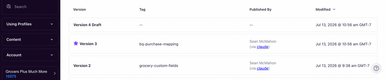 Schema version history view showing a published version with change description, alongside the Publish Changes and Discard Changes controls.