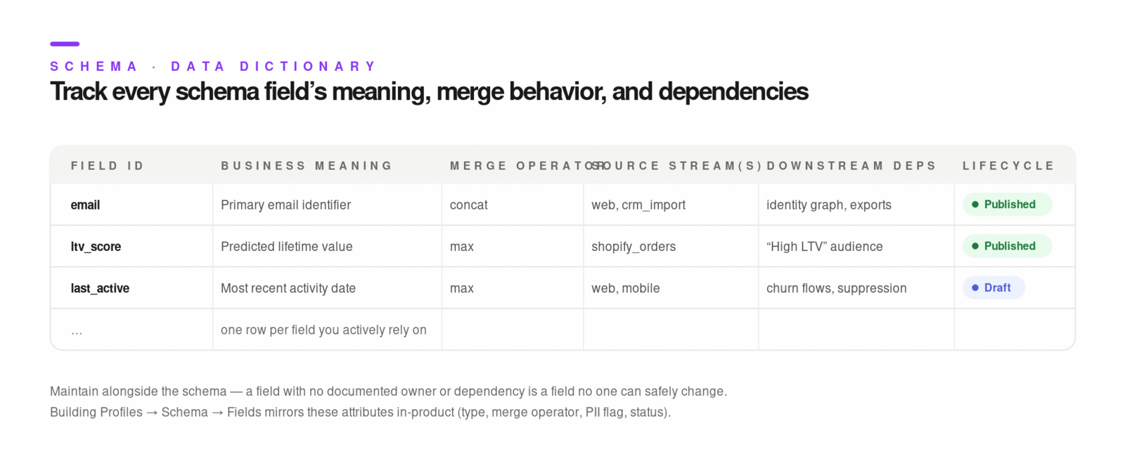 Data dictionary spreadsheet template showing field ID, business meaning, merge operator, source streams, downstream dependencies, and lifecycle status columns.