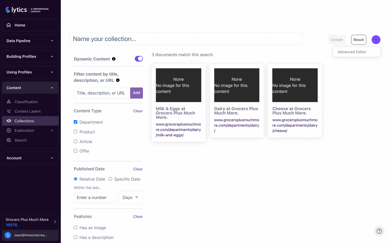 Content collection builder showing dynamic filters and advanced editor options.
