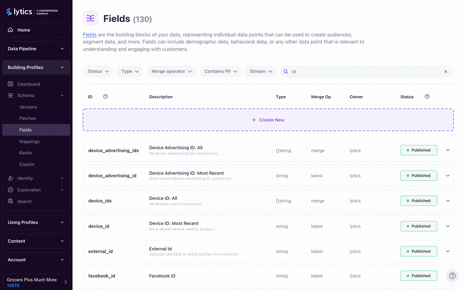 Schema Fields view filtered by category, showing a list of Identity-category fields with their field IDs, types, and merge operators.