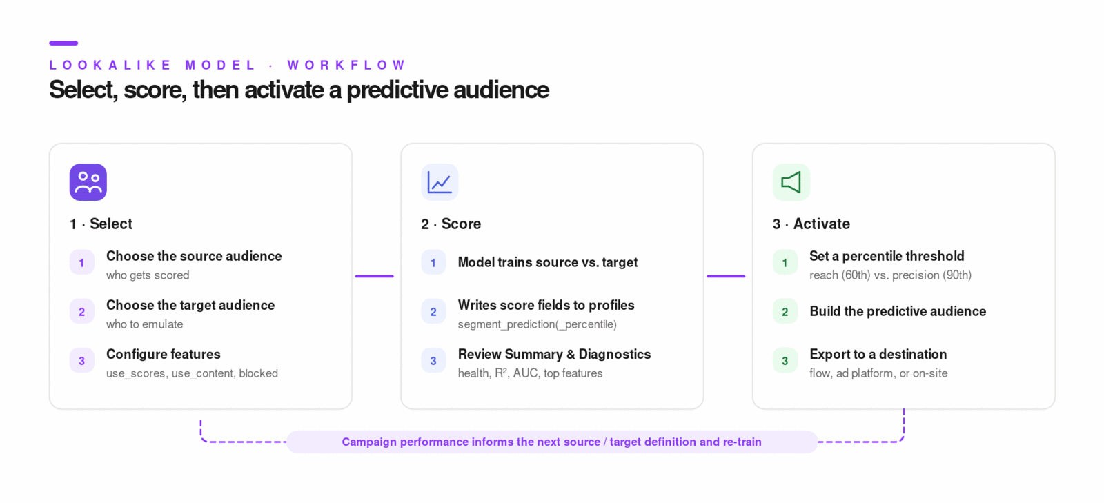 Lookalike model workflow from source/target selection to scoring and predictive audience activation.