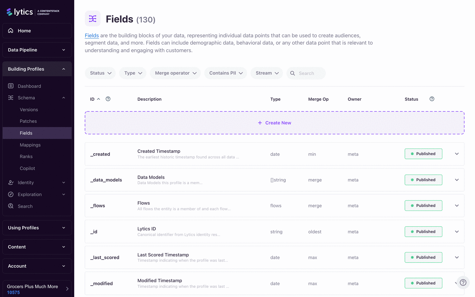 Schema Fields view showing universal schema fields (identifiers, behavioral scores, intelligence fields) alongside common schema fields, with their categories labeled.