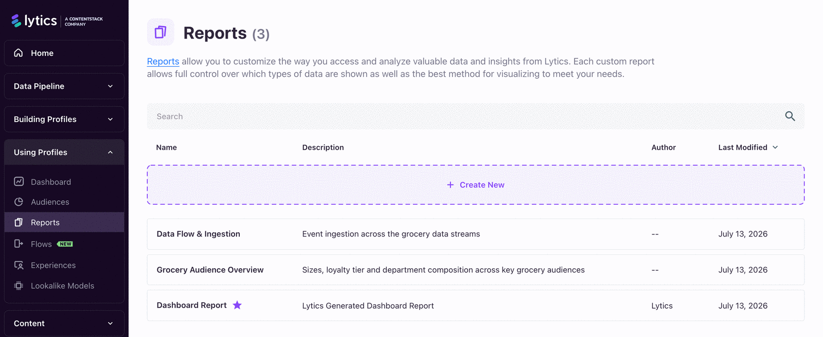 Reports index page showing report list, lock/star indicators, and create action.