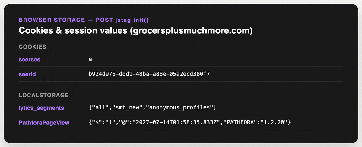 Cookie and session values in browser storage after jstag initialization.