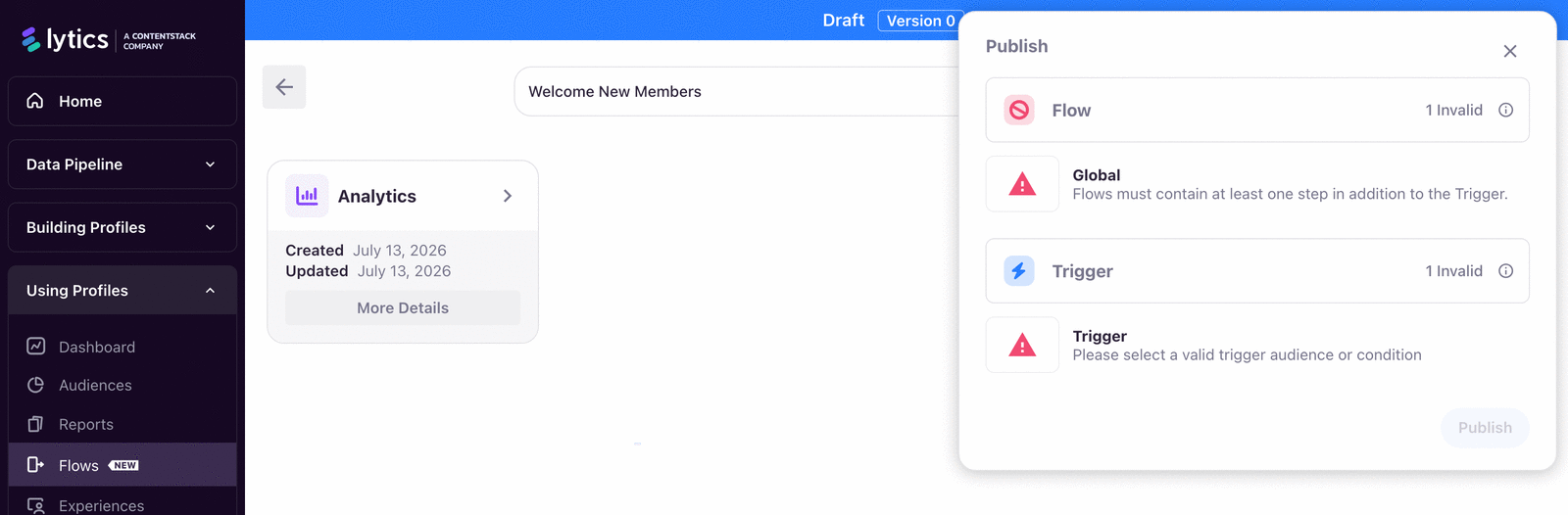 Publish validation modal with step readiness indicators.