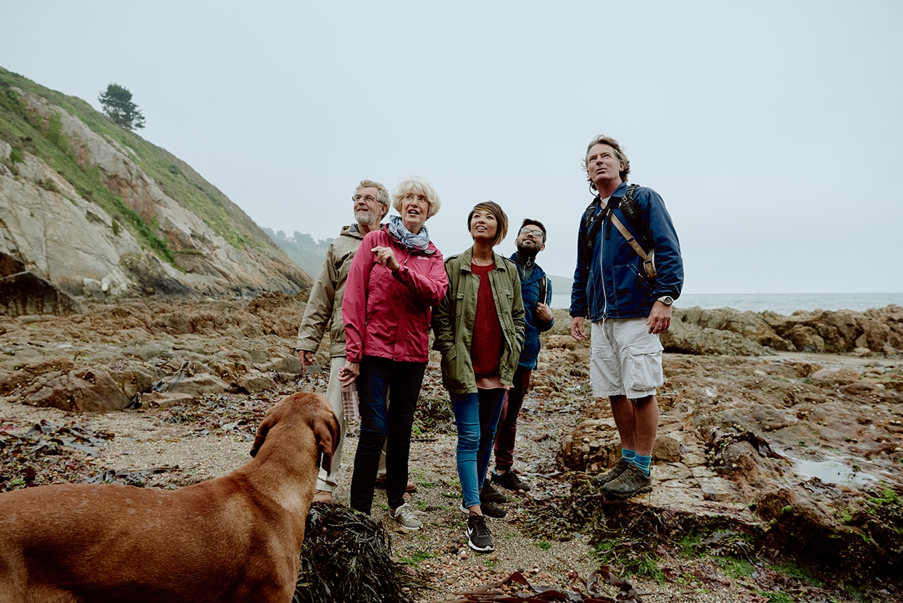 A group of people with a dog, hiking on a rocky beach.