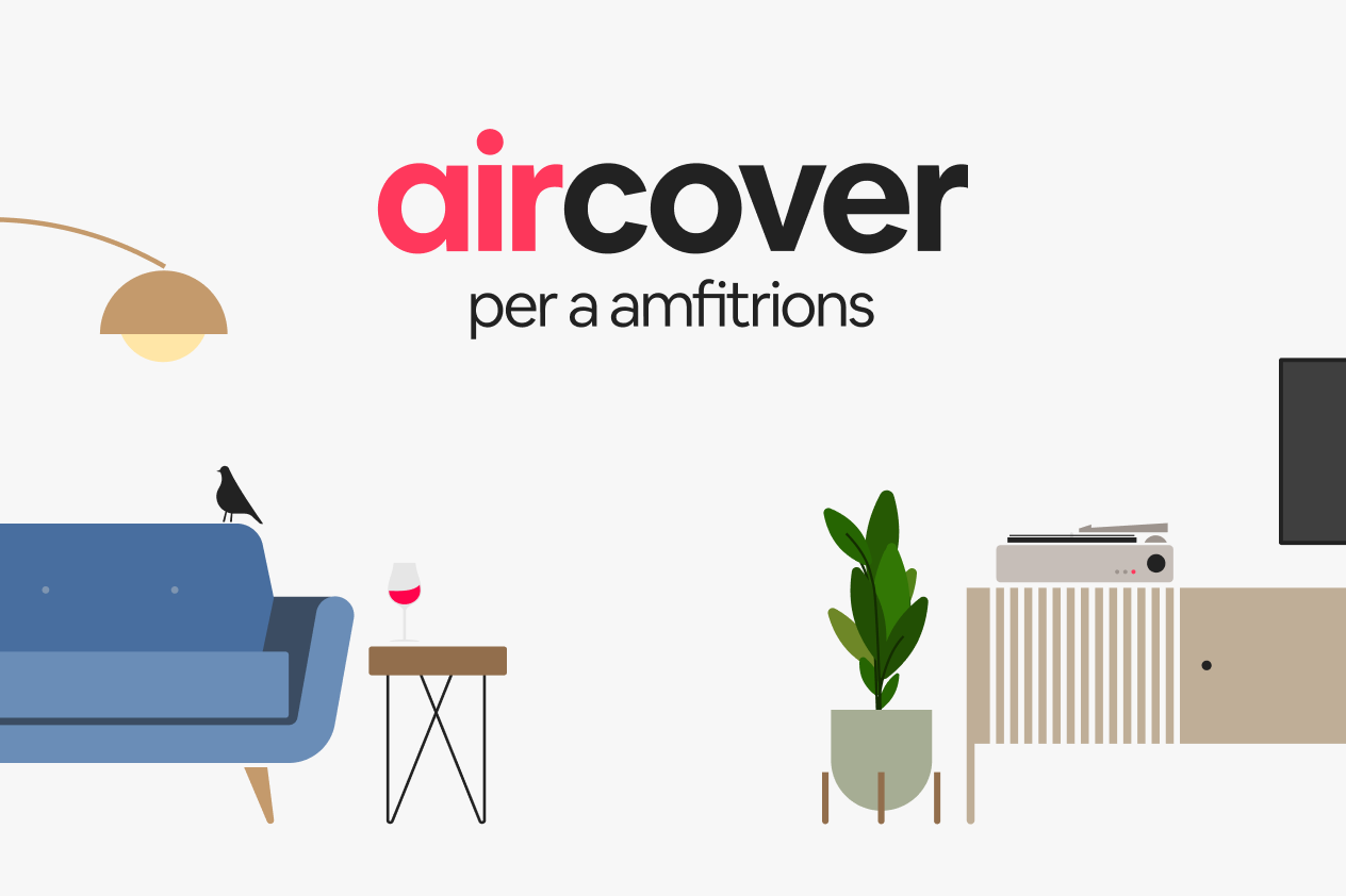 A colorful, modern illustration of items found in a home on an abstract white background, from furniture, to houseplants, to electronics, with the words AirCover for Hosts in the center.
