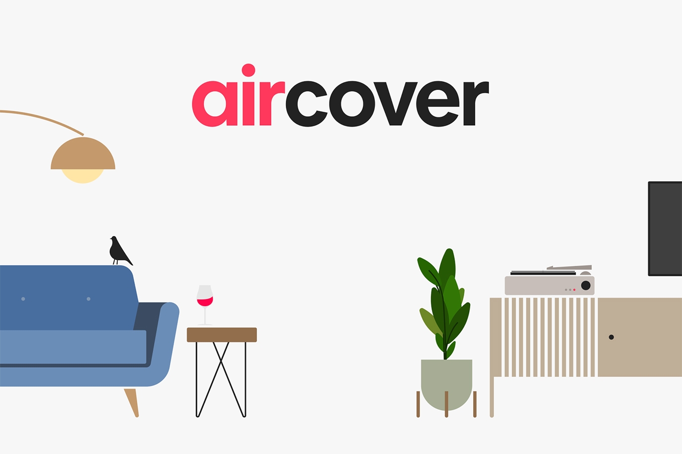 Illustration colorée et moderne d'objets courants dans une maison sur un fond blanc abstrait, de meubles aux plantes de maison, en passant par l'électronique, avec le mot AirCover au centre.