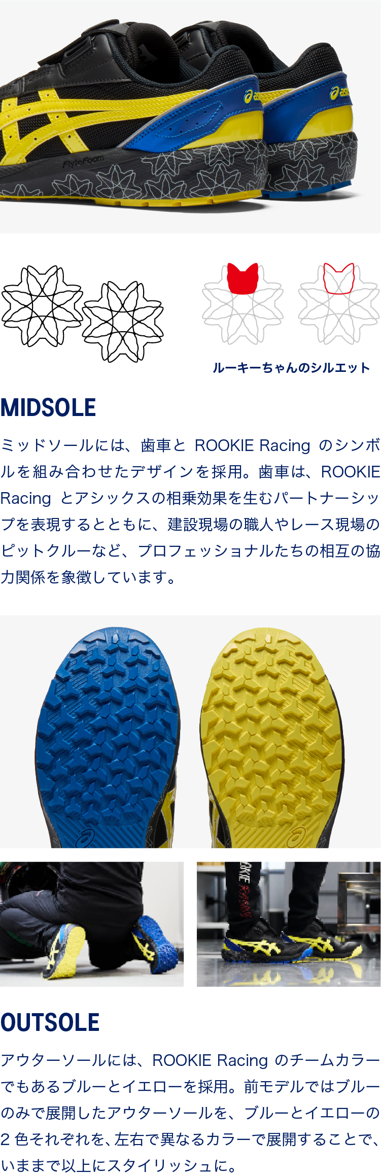 CP229のデザイン詳細。MIDSOLE：ミッドソールには歯車とROOKIE Racingのシンボルを組み合わせたデザインを採用し、プロフェッショナルの協力関係を象徴。図解で『ルーキーちゃんのシルエット』が隠されていることを紹介。OUTSOLE：左右で異なるブルーとイエローのアウターソールを採用し、スタイリッシュな足元を演出。