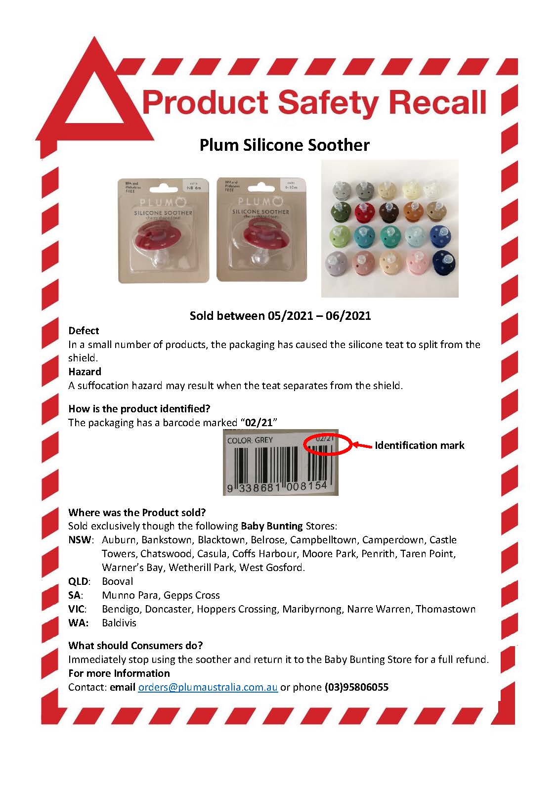 Plum Silicone Soother Recall Notice