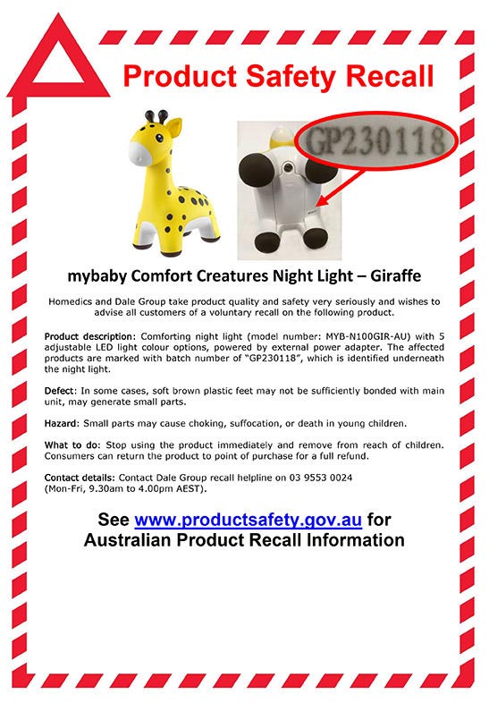 mybaby Comfort Creatures Giraffe Recall Notice