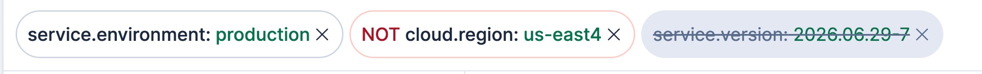 Filter pills showing include, exclude, and disabled states in Discover