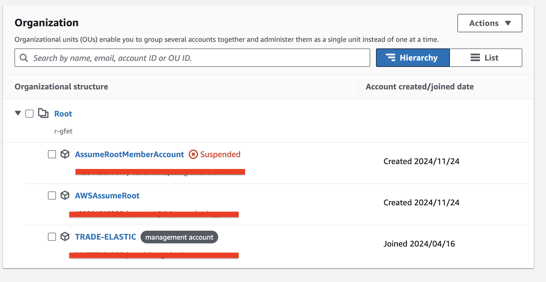 AWS console showing management account and member account AWSAssumeRoot