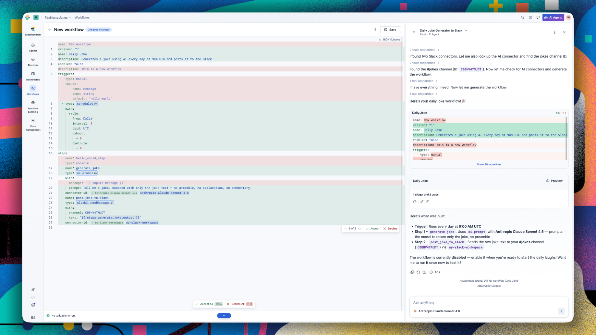 AI workflow builder generating YAML from a natural language prompt in the Elastic Workflows editor with AI Agent panel