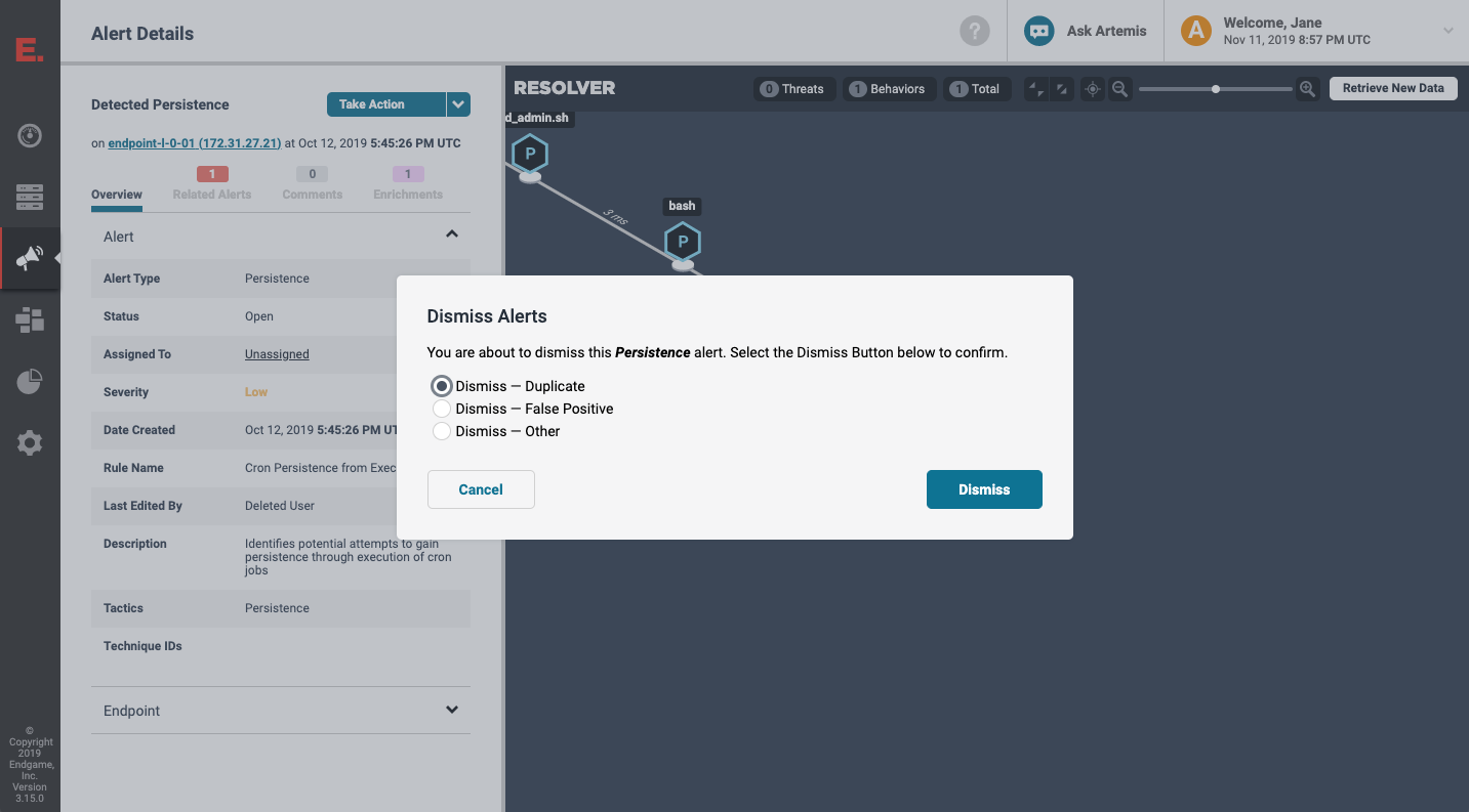 Dismiss Elastic Endpoint Security alerts