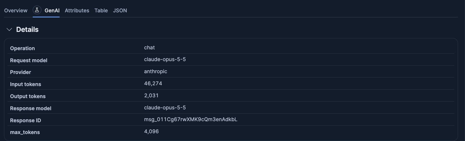 GenAI details for a claude-platform span, with the operation, model, and token counts