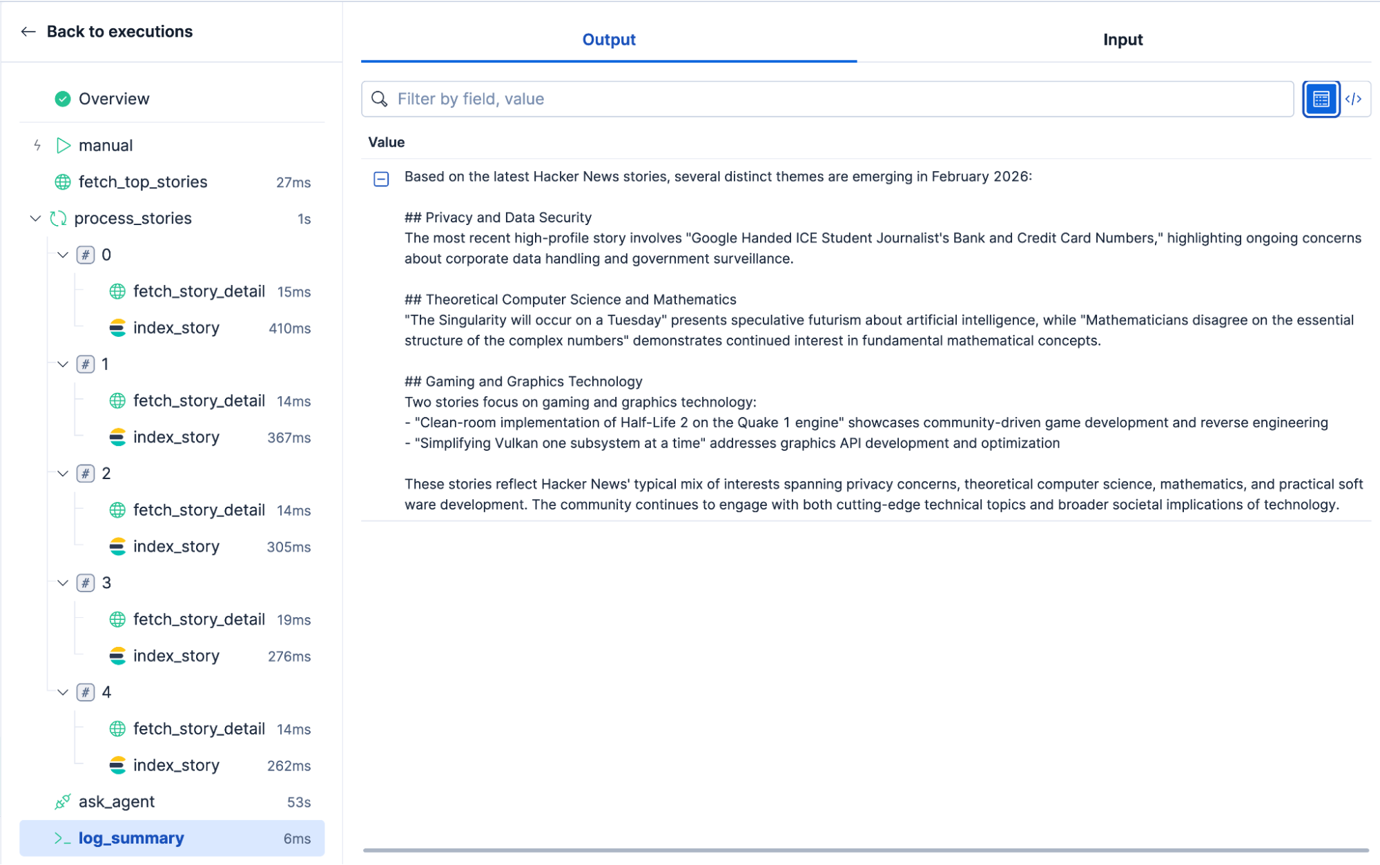 Screenshot of an Elastic workflow execution output showing the step-by-step processing of Hacker News stories, including fetch, index, and AI agent summary generation with themed results.
