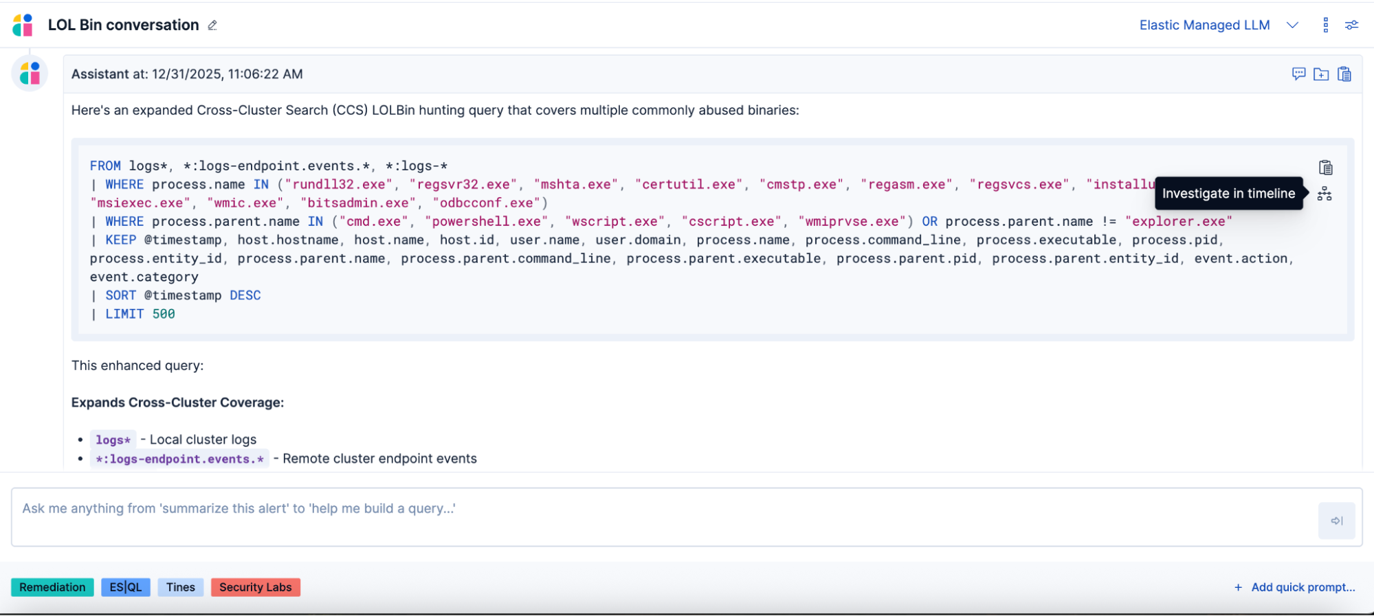 Updated ES|QL query using cross-cluster search to show Office/Server spawned LOLBins with suspicious patterns in both local and remote clusters