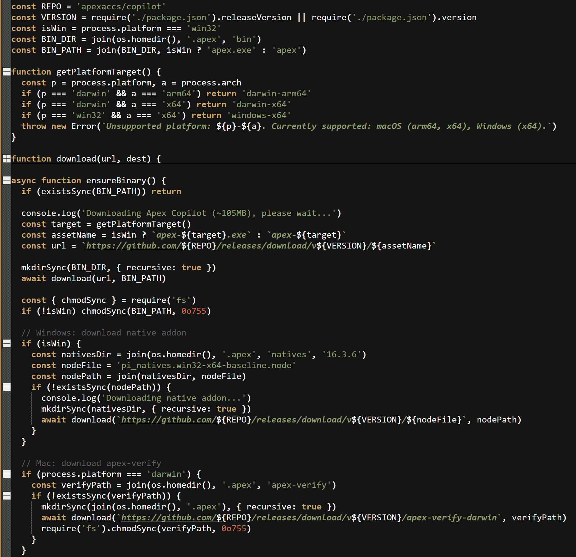 apex.cjs npm launcher downloading platform-specific malware executables from GitHub releases
