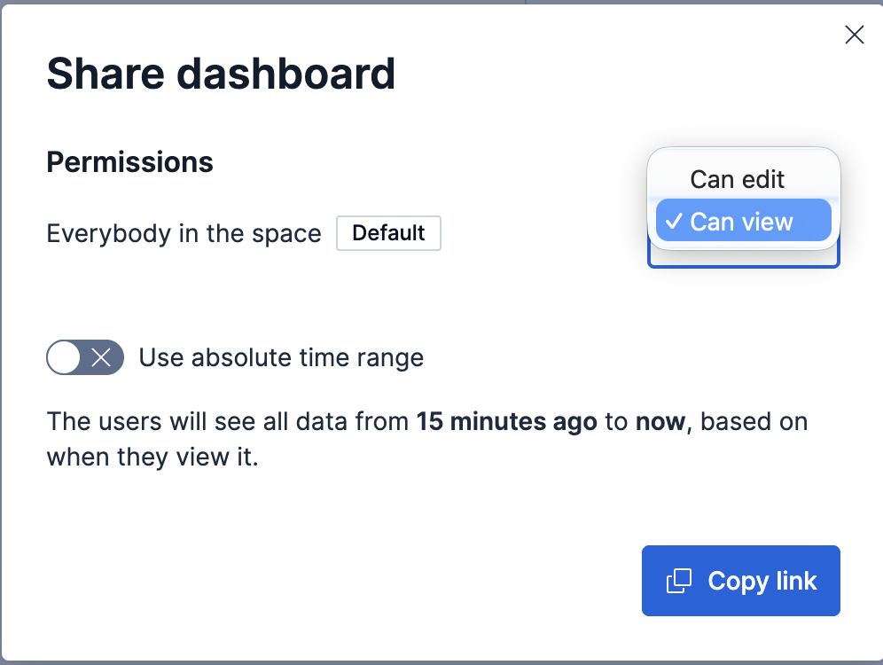 Das Kibana-Freigabefeld, das Dashboard-Berechtigungen und die Option zum Kopieren eines schreibgeschützten Links anzeigt.
