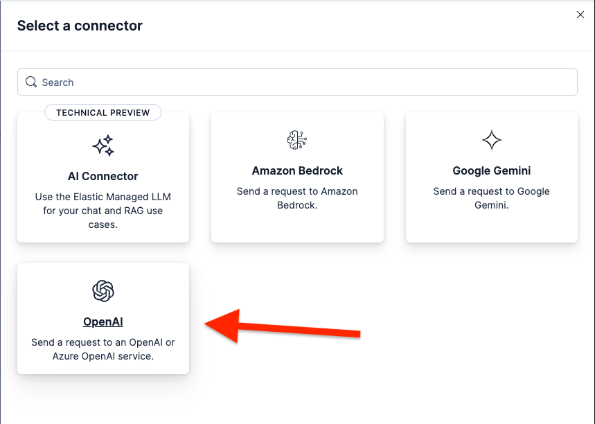 The main LLM provider options: OpenAI, Amazon Bedrock, and Google Gemini as connectors.
