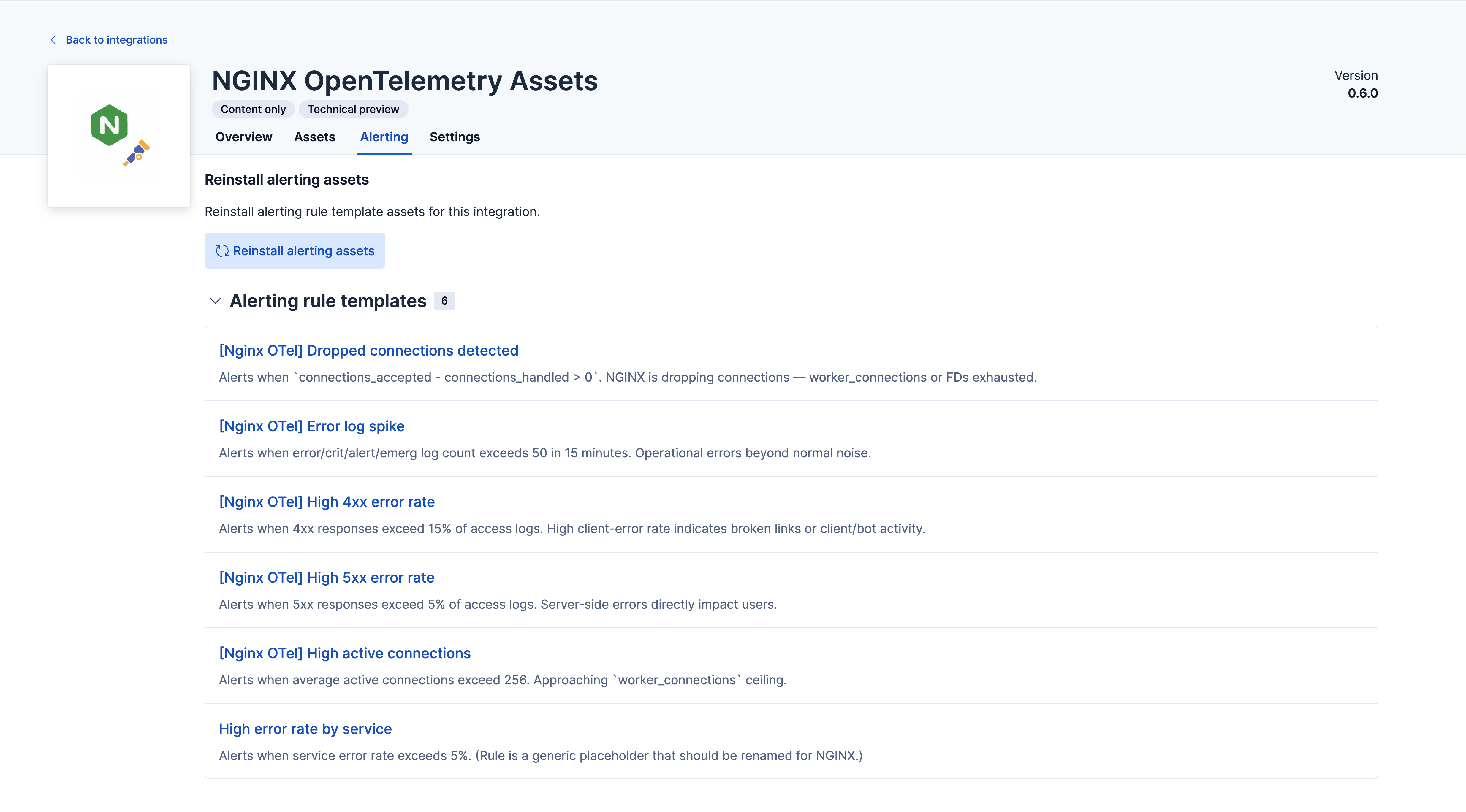The Alerting tab of the NGINX OpenTelemetry Assets integration listing its rule templates