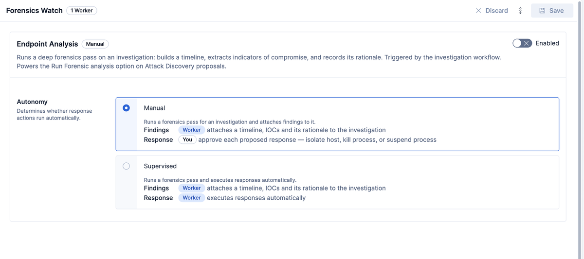 AlertZero Forensics Watch autonomy settings: manual or supervised AI incident response on endpoints