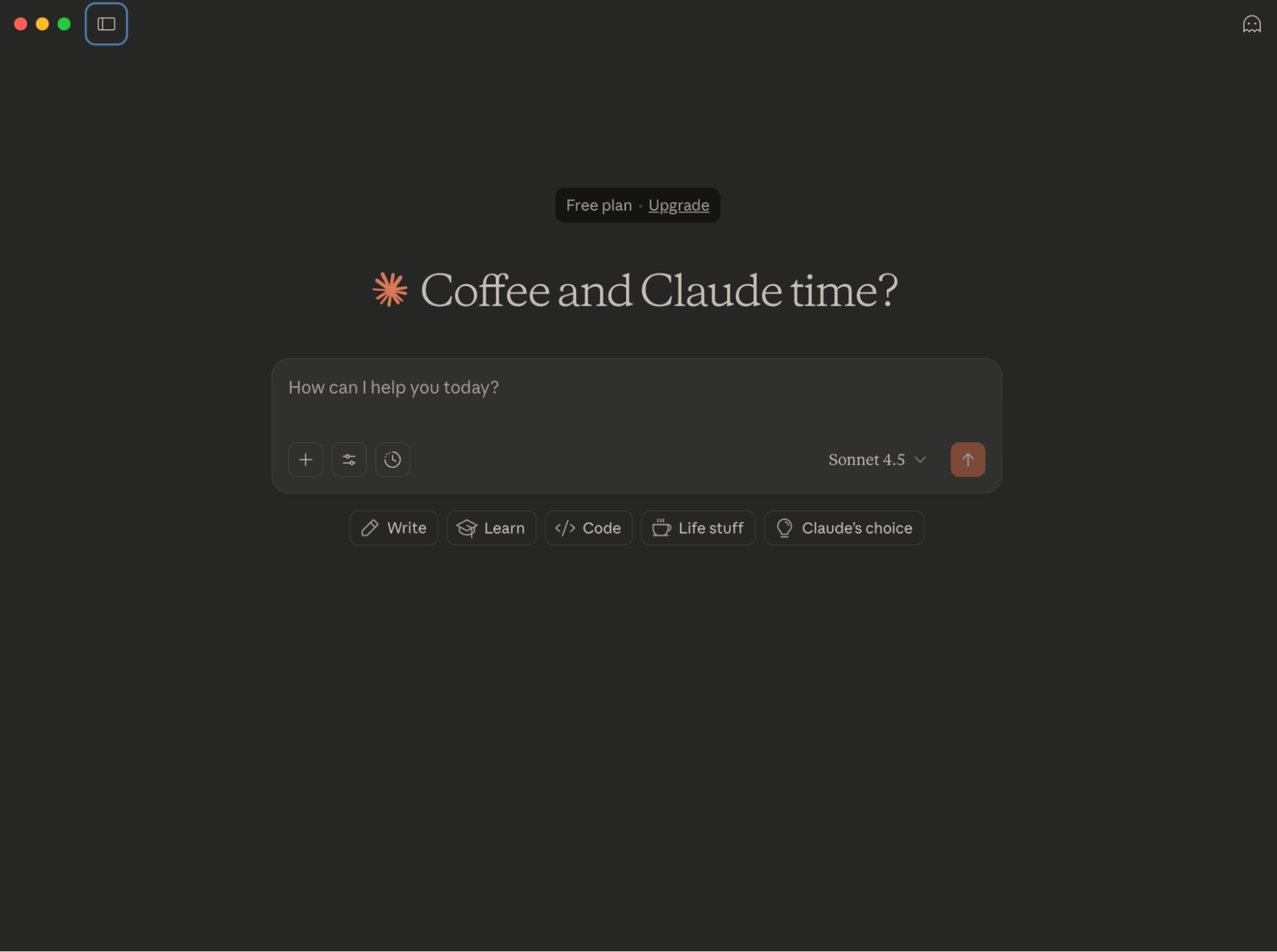 Claude 4.5 十四行诗页面,附有“到喝咖啡和用 Claude 时间了?今天我能为您做什么?”