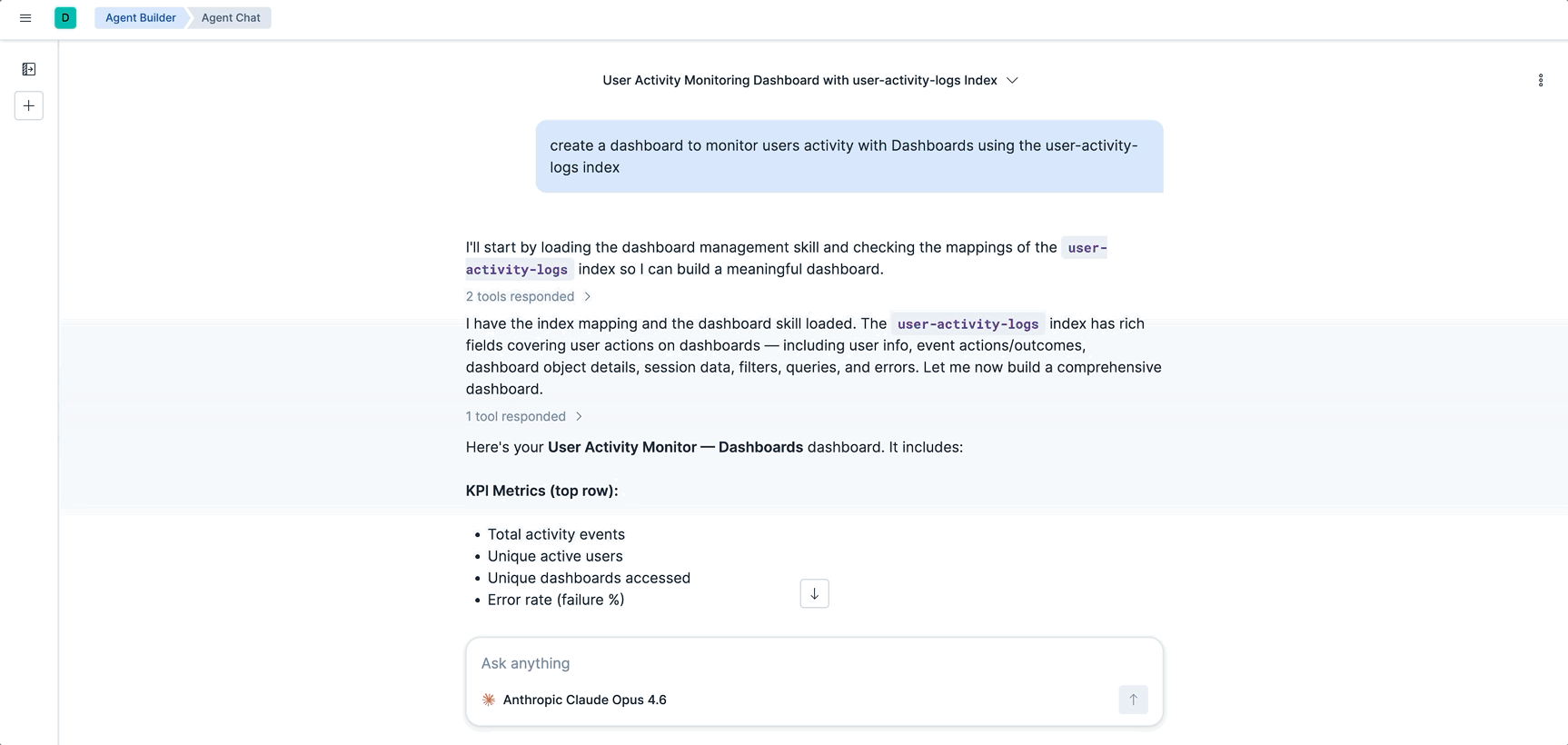 Building a dashboard usage overview from the user-activity-logs index using Agent Chat in Kibana