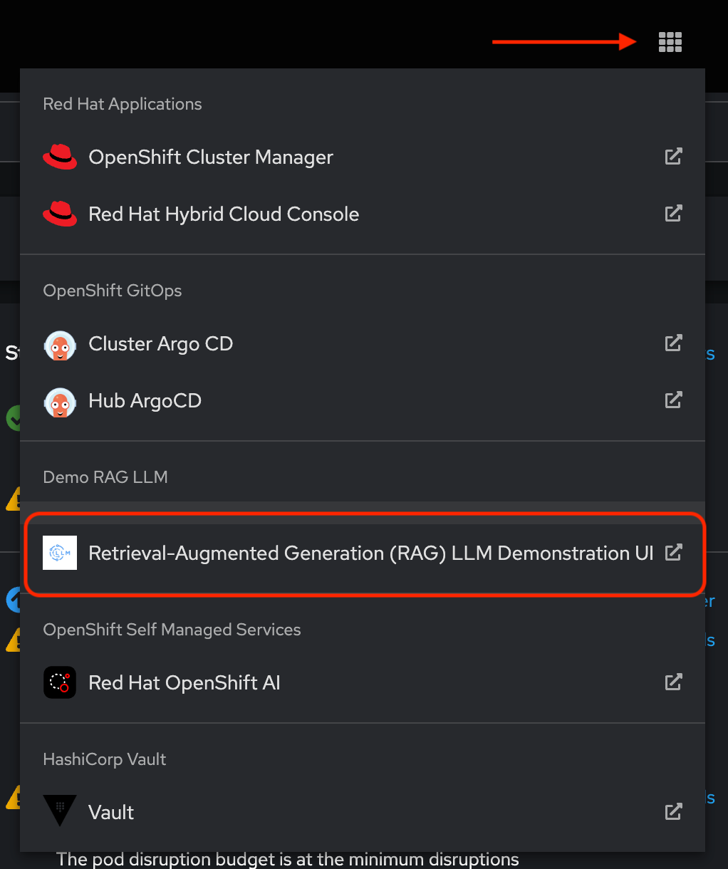 Trying out the RAG application in the OpenShift console.