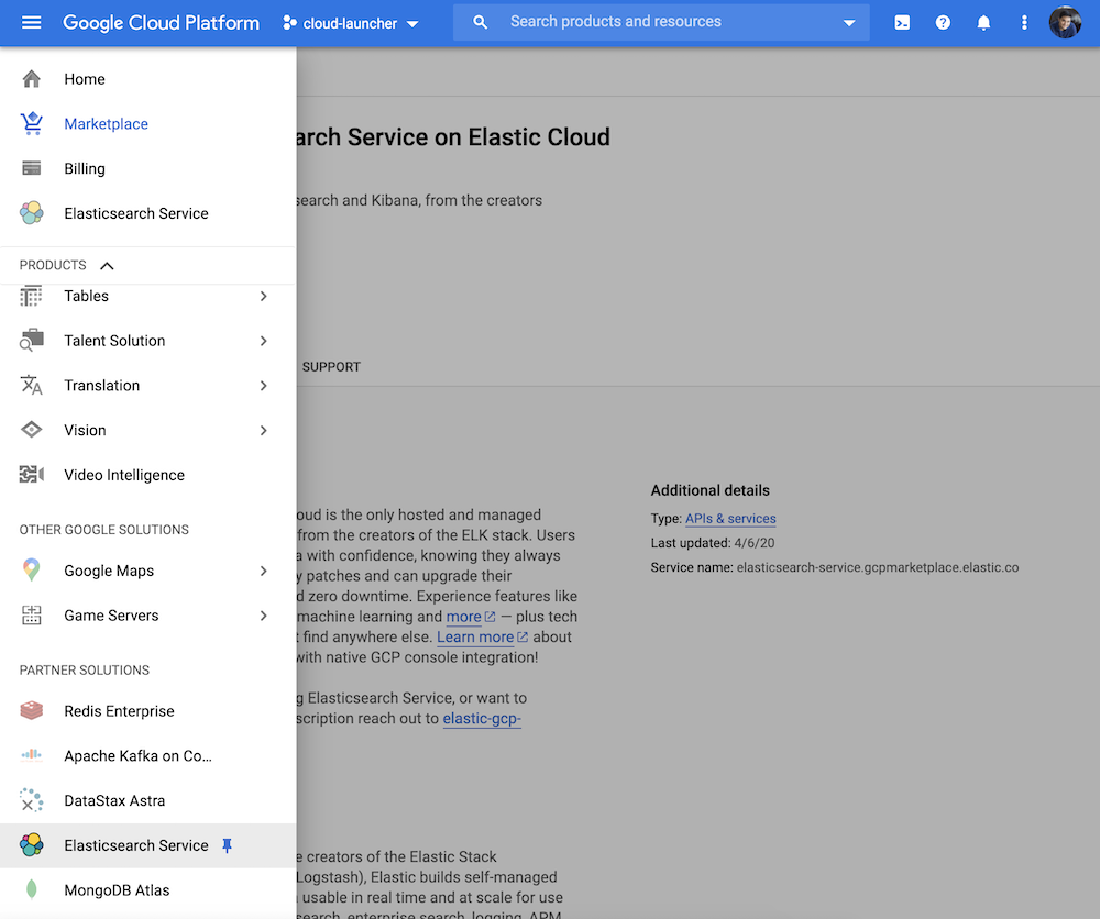 Elastic Cloud is discoverable directly in the Google Cloud console under 'partner integrations'