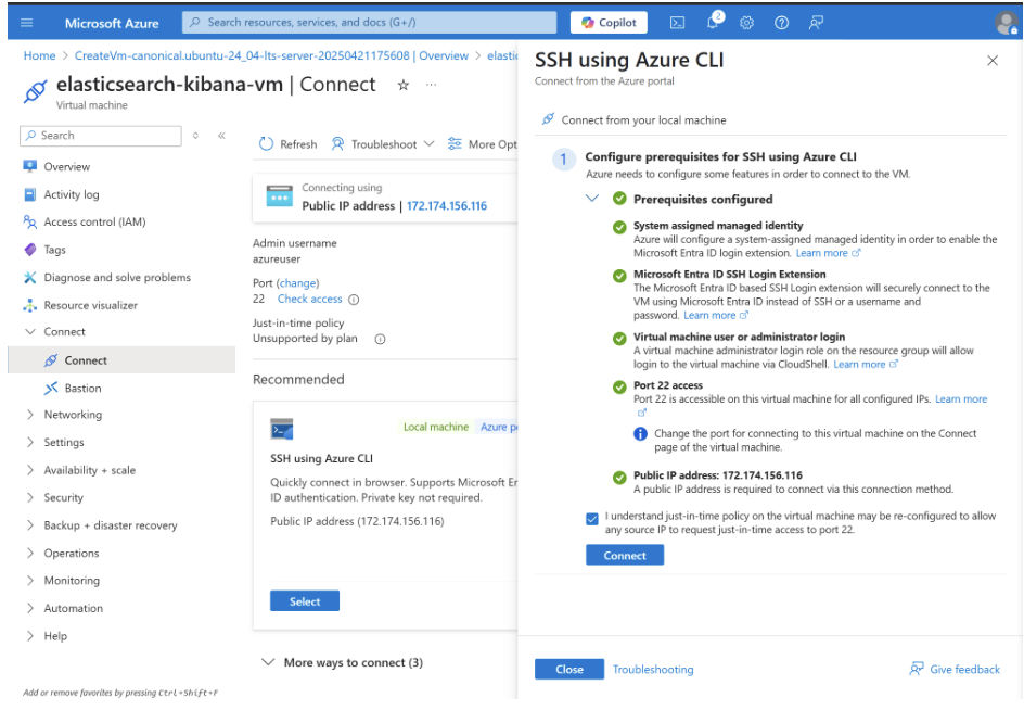 Clicking connect after the prerequisite configuration to setup an instance.