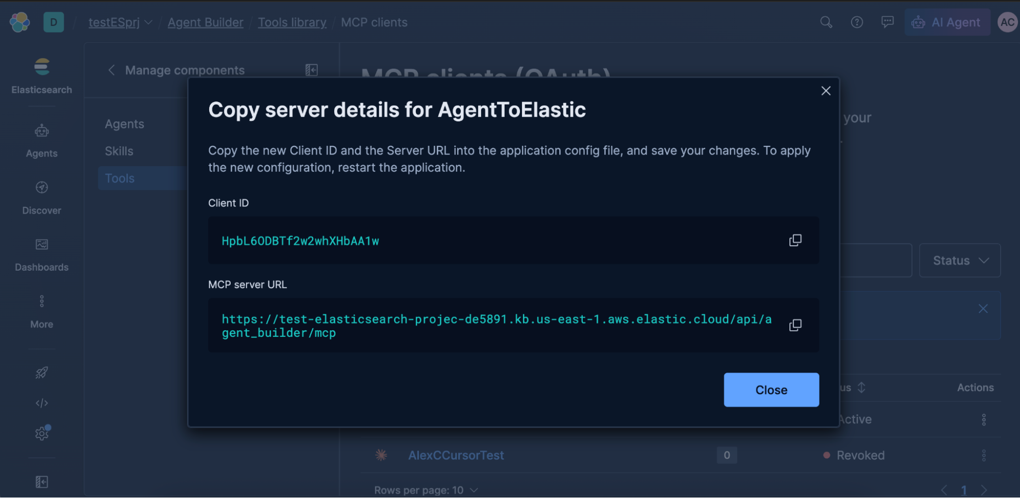 Agent Builder MCP clients page showing the Client ID and MCP server URL needed for OAuth setup in Elastic Cloud Serverless