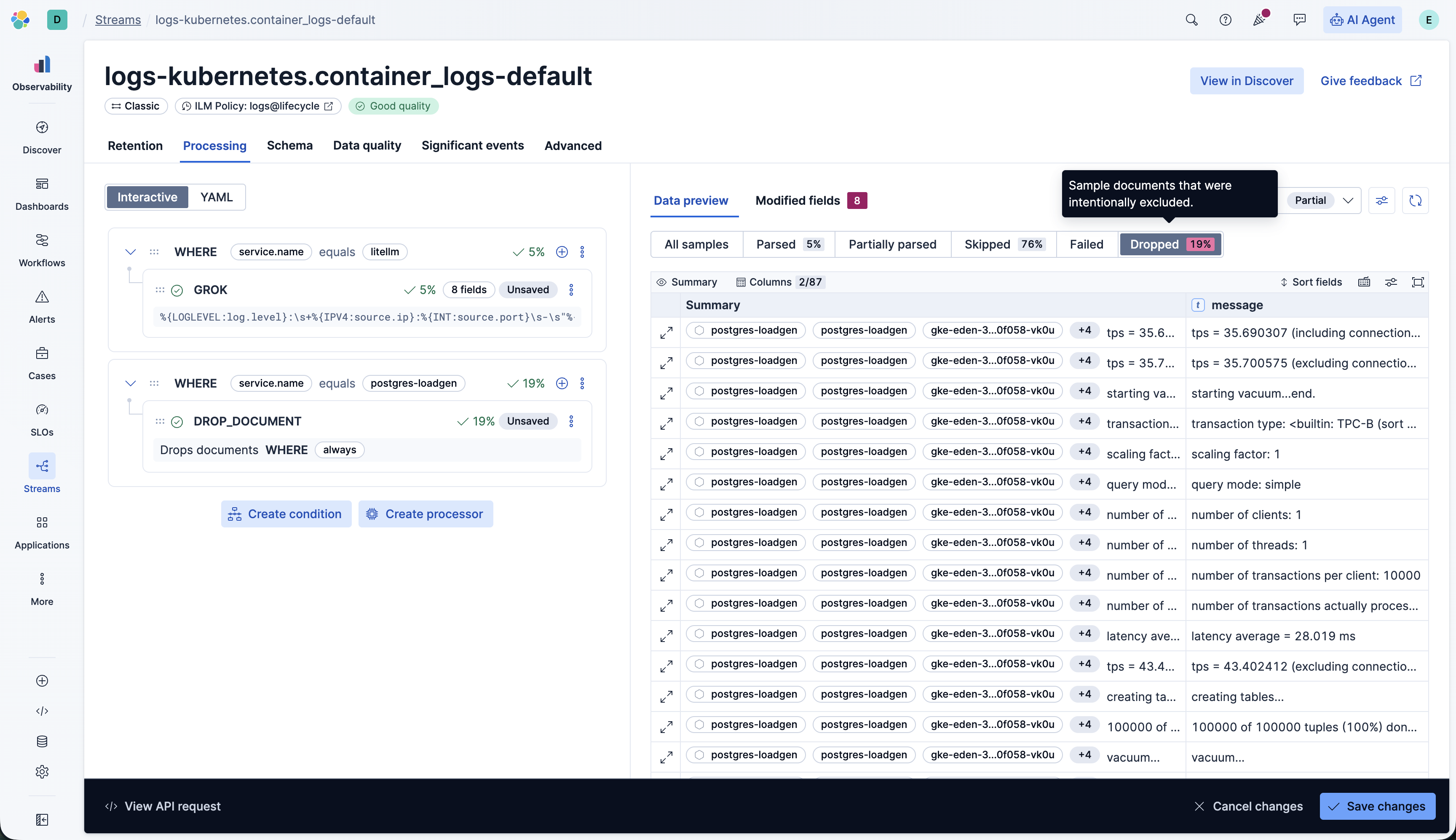 Dropped tab preview showing noisy Kubernetes logs excluded from indexing