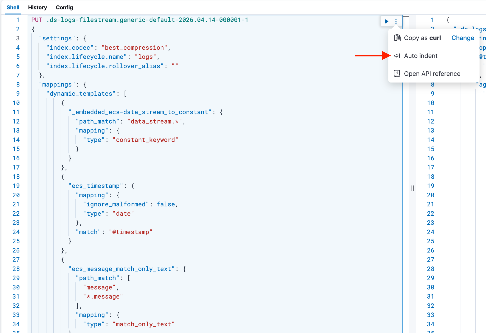 Code-Editor, der Elasticsearch-Indexeinstellungen und -Mappings anzeigt. Ein Dropdown-Menü ist rechts geöffnet, und ein Pfeil zeigt auf die Option „Automatisches Einrücken“ im Menü.