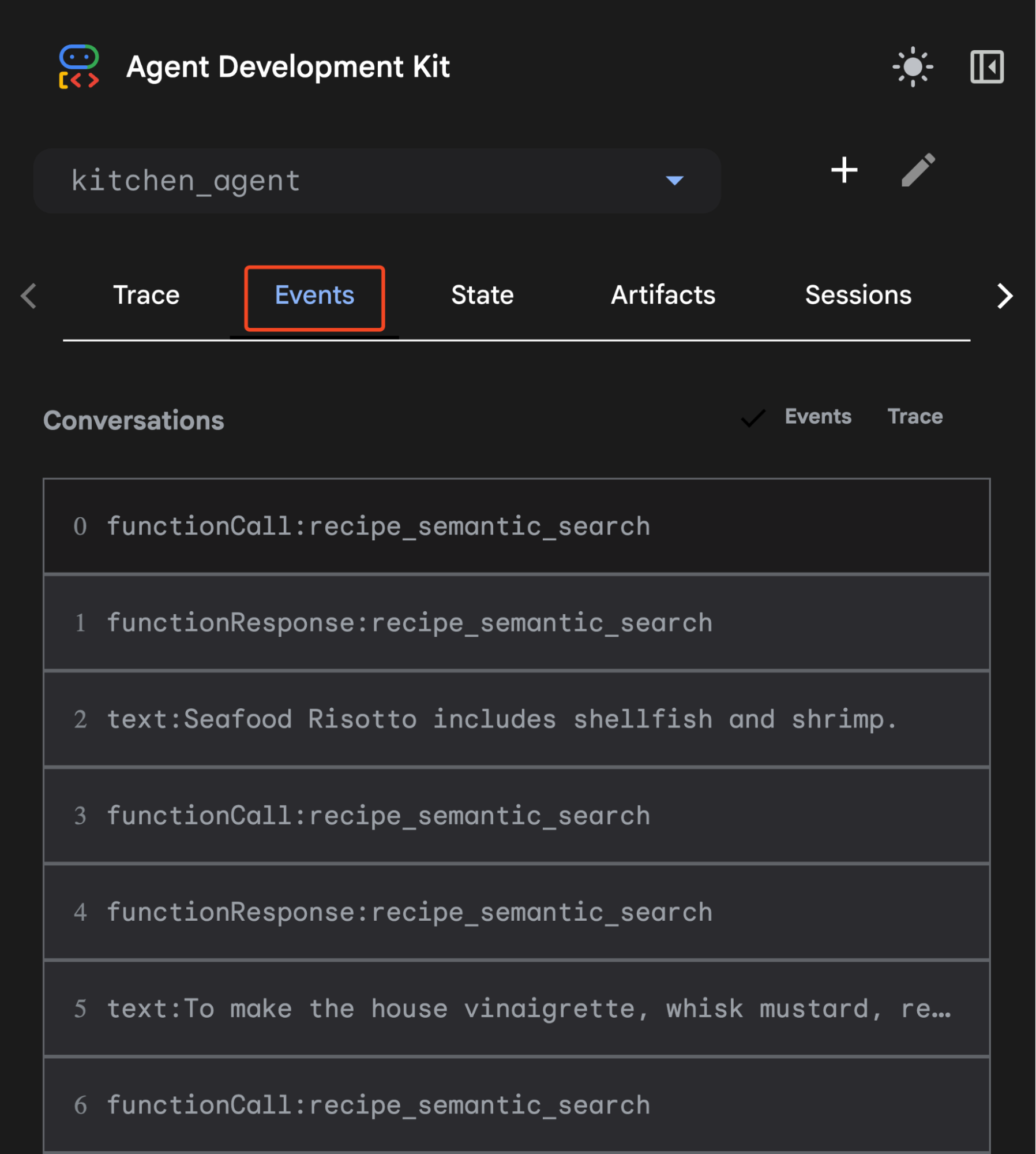Dark-themed Agent Development Kit interface showing the kitchen_agent workspace with tabs for Trace, Events, State, Artifacts, and Sessions, with a focus on the Events tab. The Conversations list below shows numbered entries for function calls, responses, and text messages related to recipe_semantic_search.