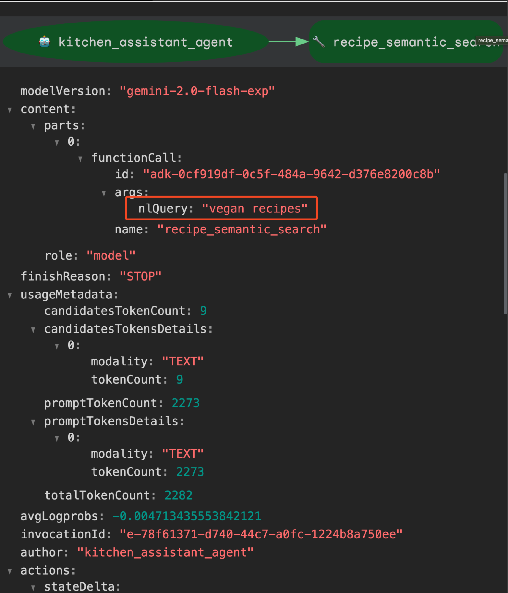 Code interface showing connected nodes labeled kitchen_assistant_agent and recipe_semantic_search, with a focus on the line “nlQuery: ‘vegan recipes’” highlighted in red within structured data detailing model version.