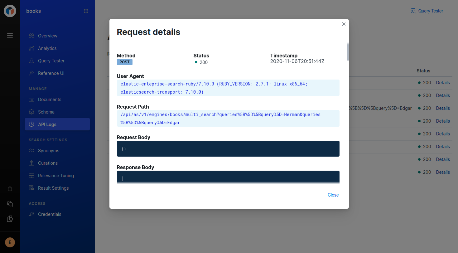 The API request logged from the Ruby Elastic Enterprise Search client