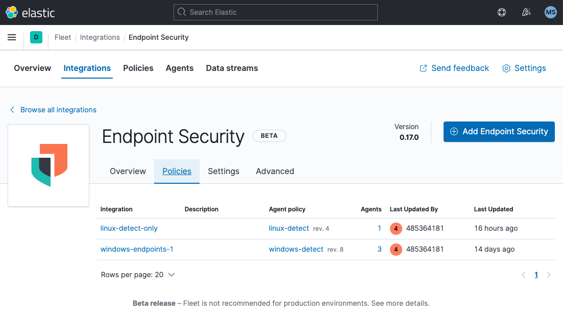 Elastic Security endpoint security integrations