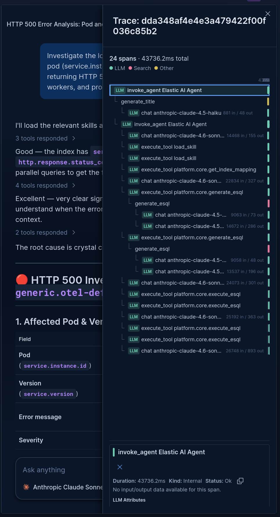Trace waterfall for one agent run showing 24 spans across invoke_agent, chat, and execute_tool