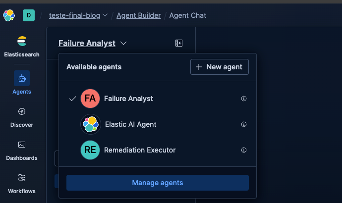 Agent Builder in Kibana showing the Failure Analyst and Remediation Executor AI agents after import