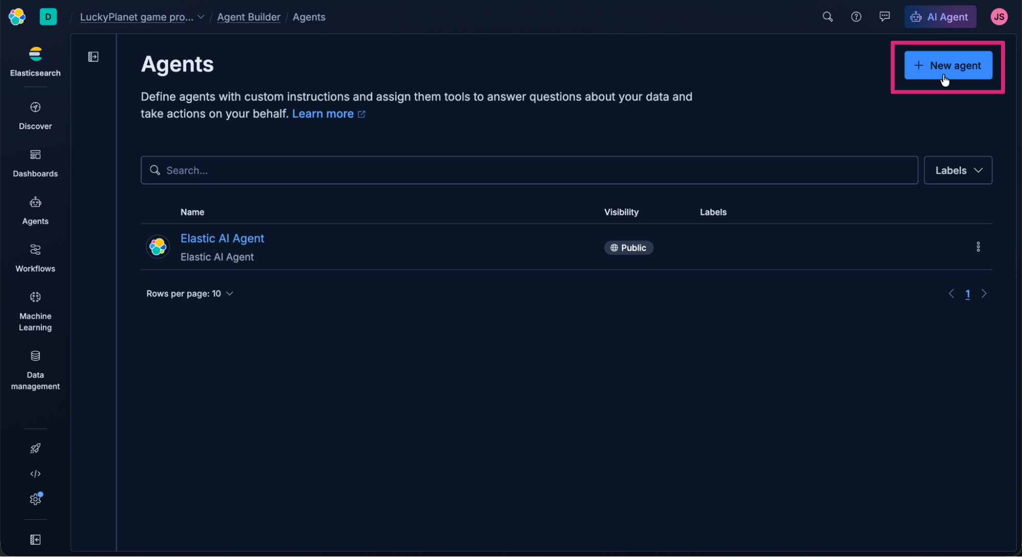 Screenshot of the Elastic AI Agent “Agents” interface in dark mode, showing a table listing existing agents with columns for Name, Visibility, and Labels. The left sidebar includes navigation options, like Discover, Dashboards, Agents, Workflows, Machine Learning, and Data management. The focus is on the “+ New agent” button at the top right of the interface.